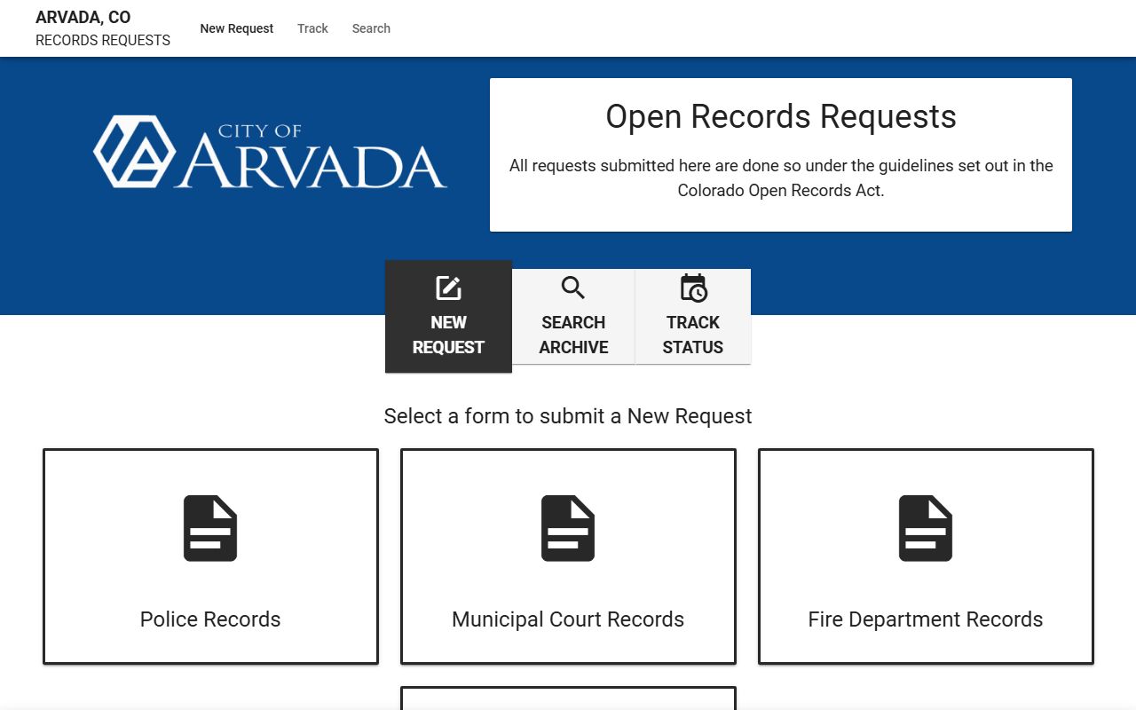 Arvada Police Department JustFOIA public portal for records