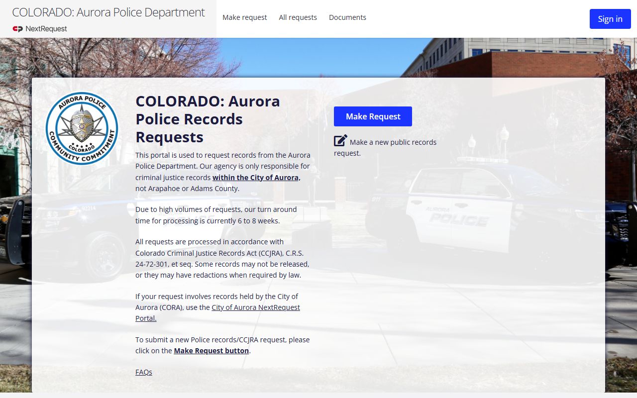 Aurora Police Department NextRequest portal for custody records