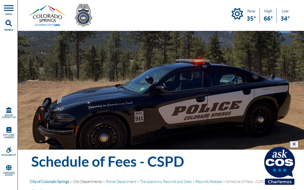Colorado Springs Police Department fee schedule for records requests