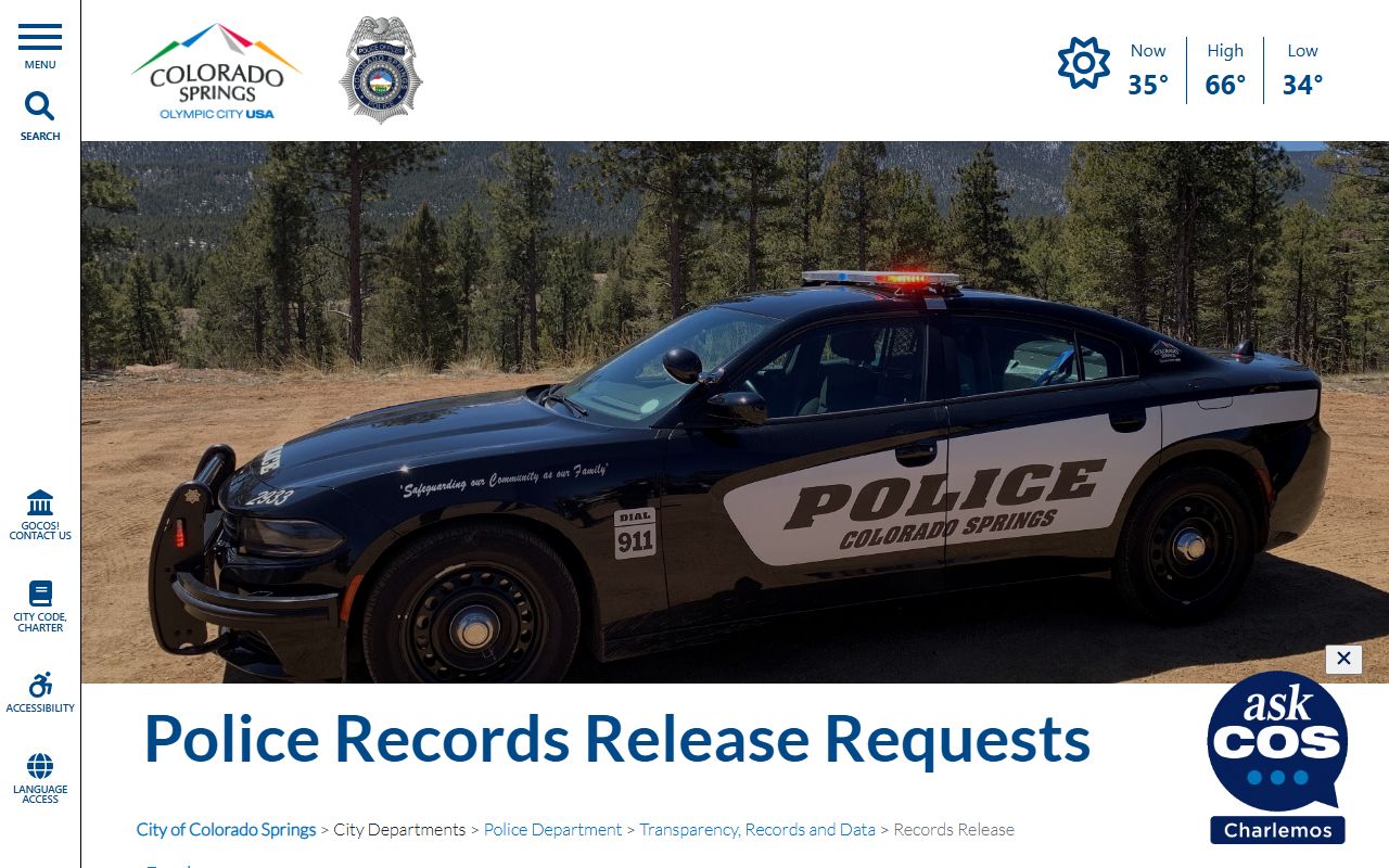 Colorado Springs Police Department records request page for custody documents