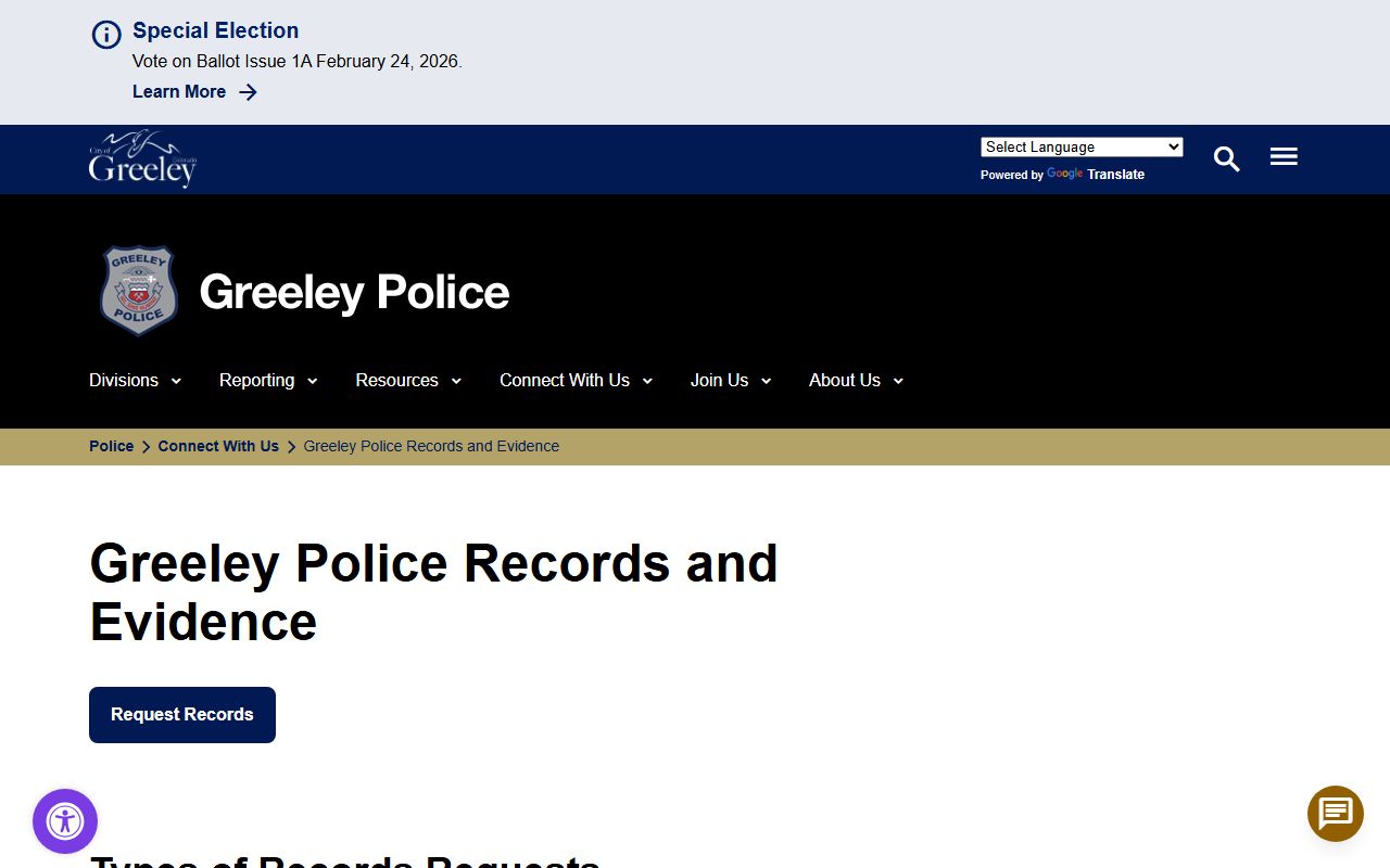 Greeley Police Department records request page
