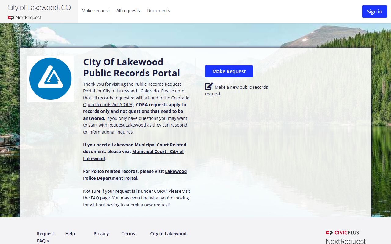 Lakewood Police Department NextRequest records portal