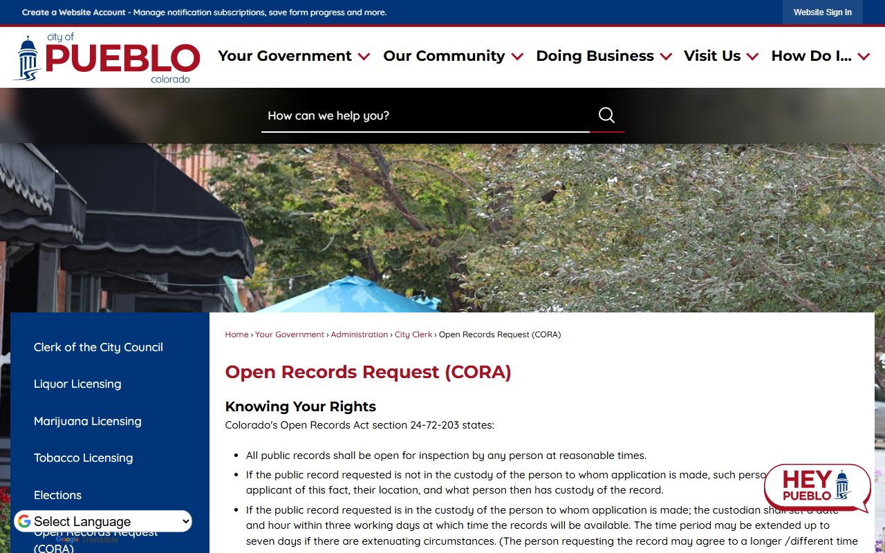 Pueblo open records request CORA page