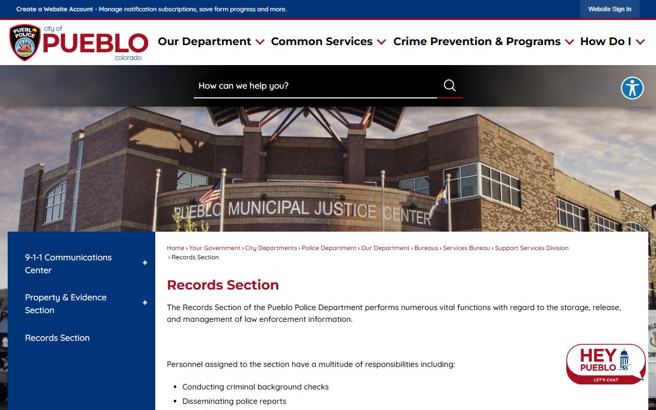 Pueblo Police Department records section page