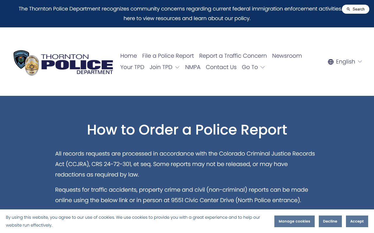 Thornton Police Department order a report page