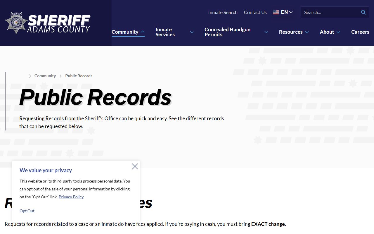 Adams County public records request page with forms and contact information