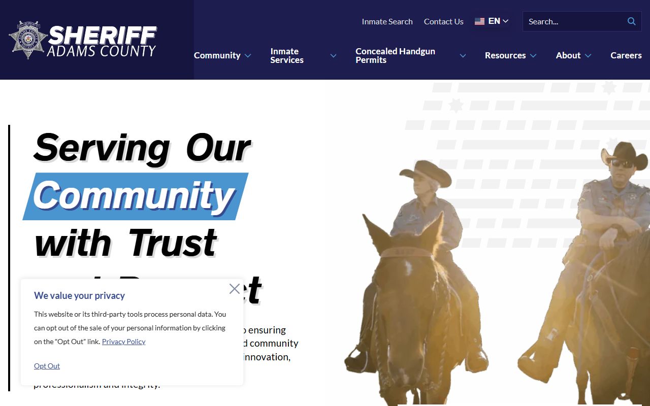Adams County Sheriff's Office website homepage showing agency information and services
