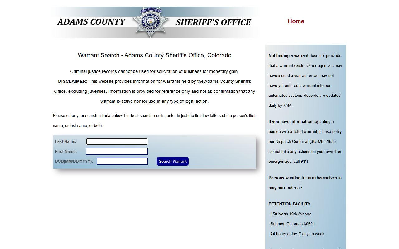 Adams County warrant search tool interface for looking up active warrants and booking records