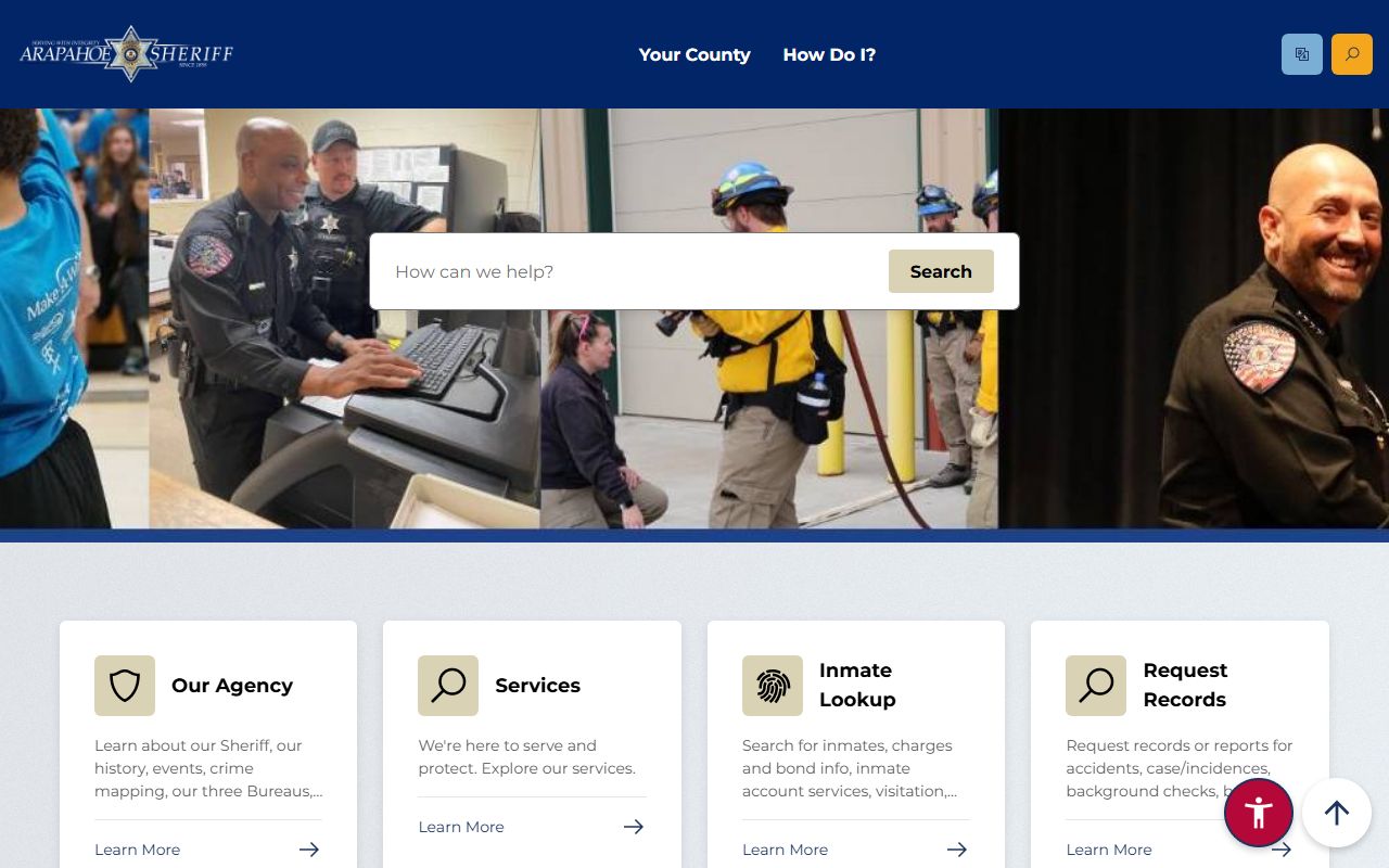Arapahoe County Sheriff's Office website with agency services and contact information