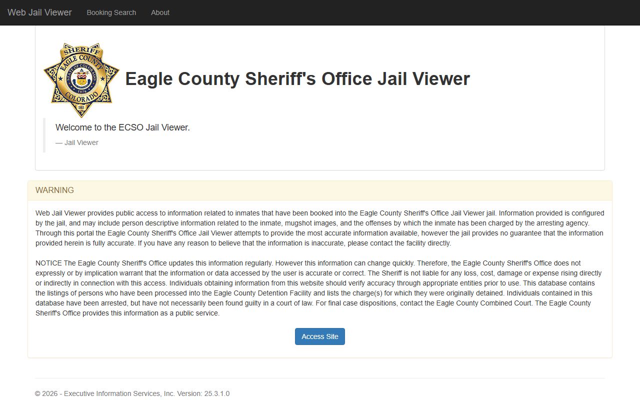 Eagle County Web Jail Viewer showing current inmate roster and custody information