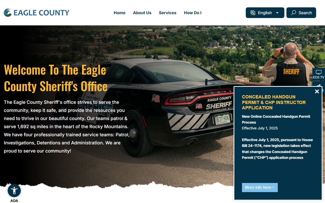 Eagle County Sheriff's Office website with agency services and contact information