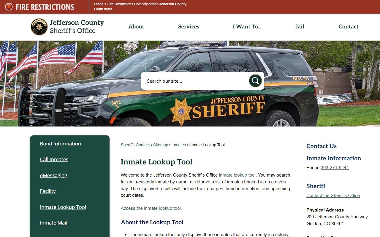 Jefferson County Inmate Lookup Tool showing search interface for current inmates