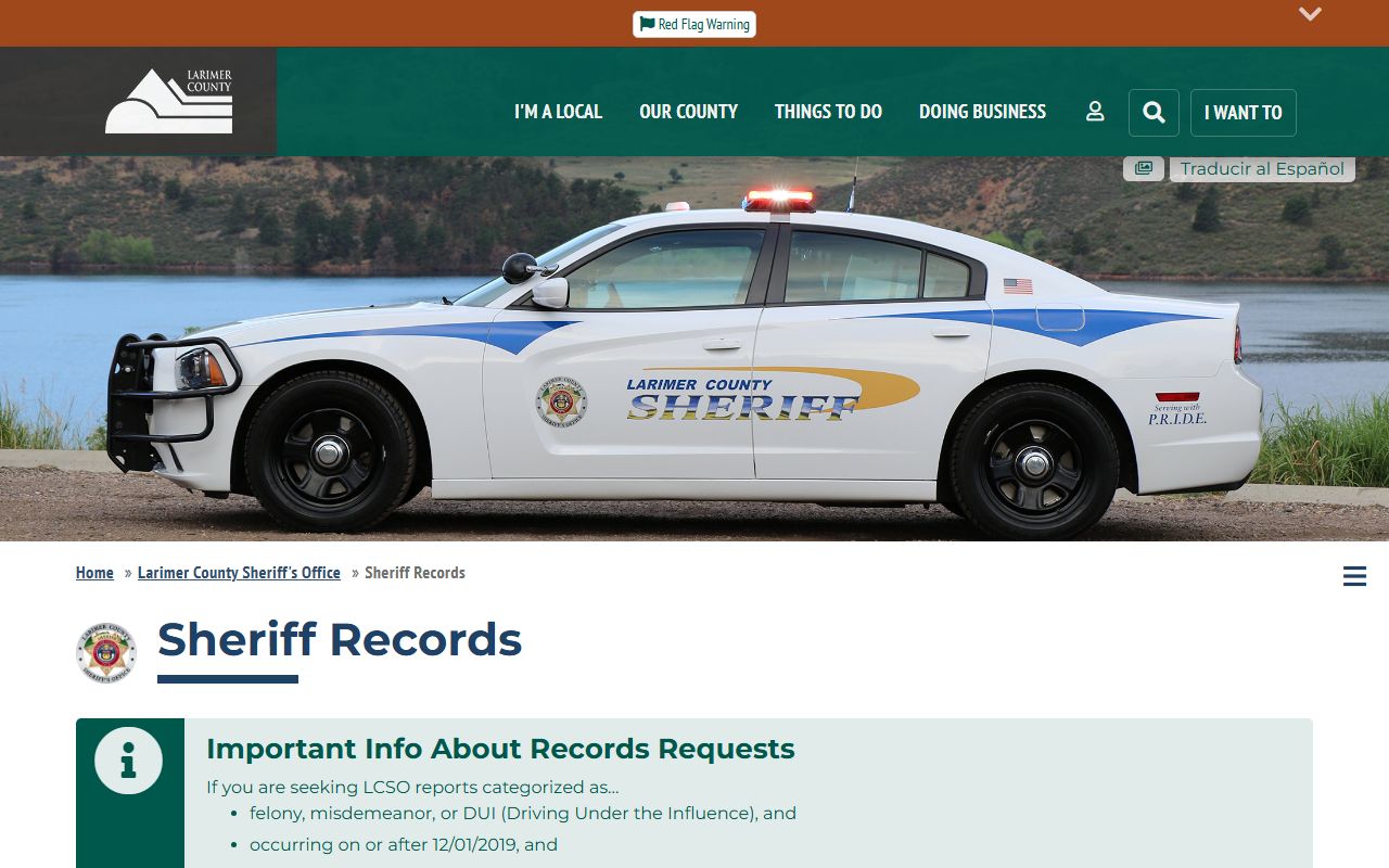 Larimer County Sheriff's Office records page with request procedures and contact information