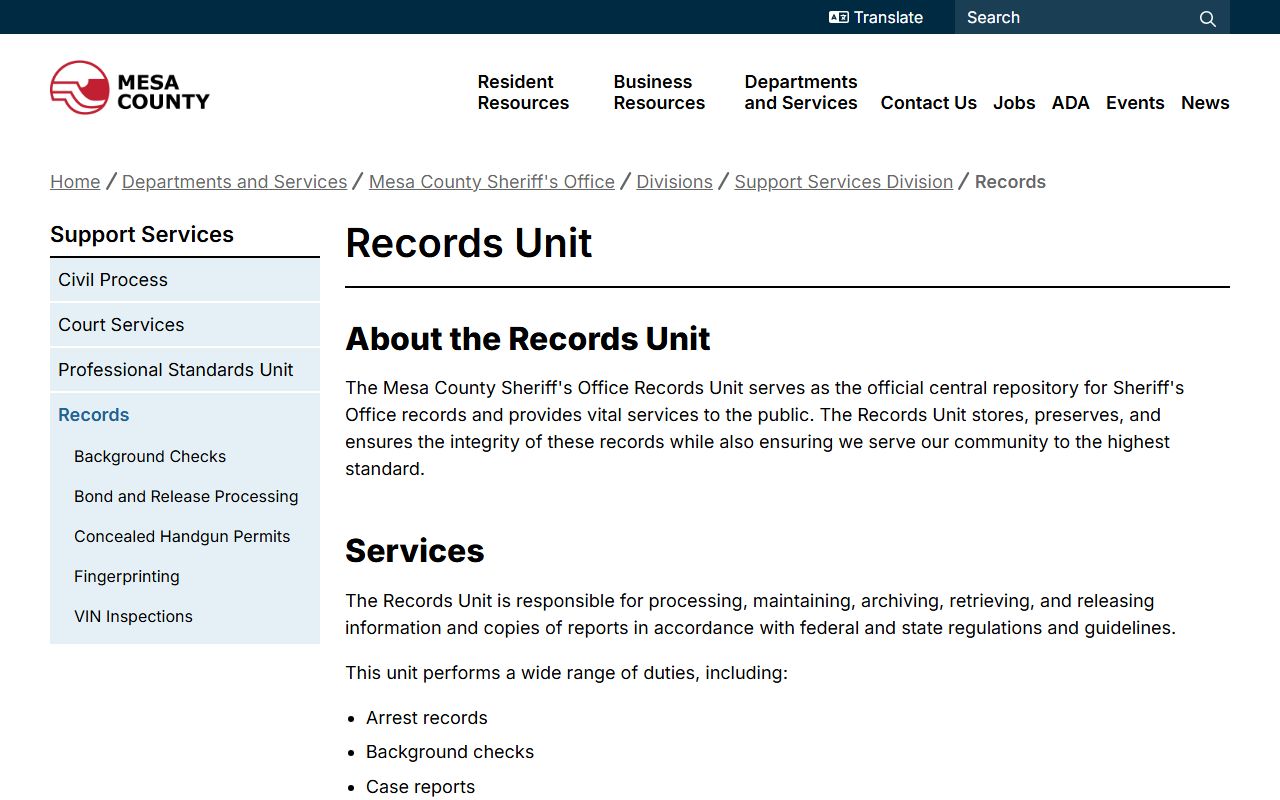 Mesa County Sheriff's Office Records Unit page with services and contact details