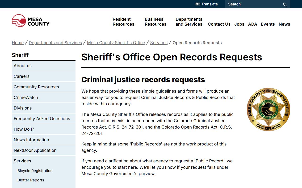 Mesa County Sheriff's Office open records request page with procedures