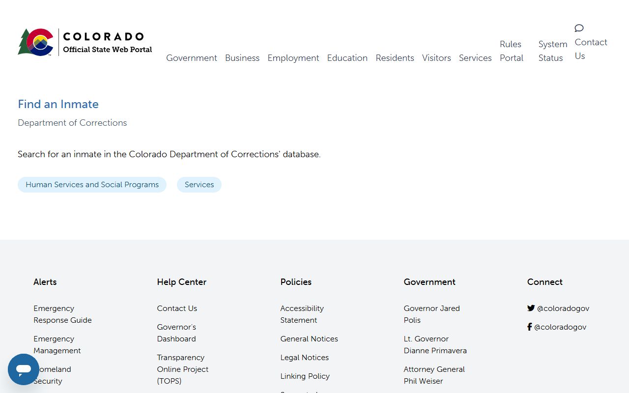 Colorado Department of Corrections inmate locator database search page
