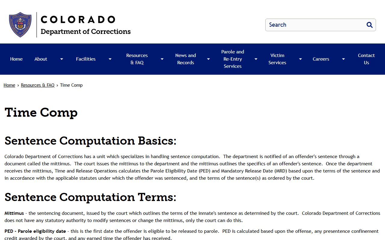 Colorado Department of Corrections time computation information page
